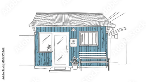 Charming linear cafe facade with wooden exterior and cozy bench