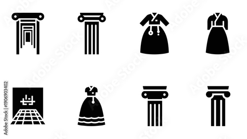Cultural heritage icons: traditional korean dress and classical columns