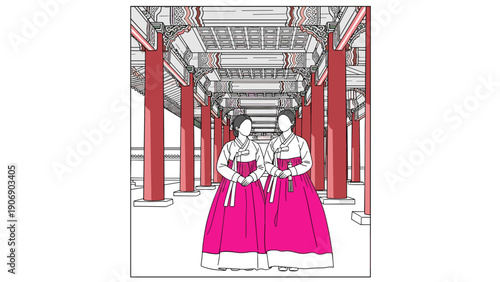 Traditional korean architecture and hanbok in line art style