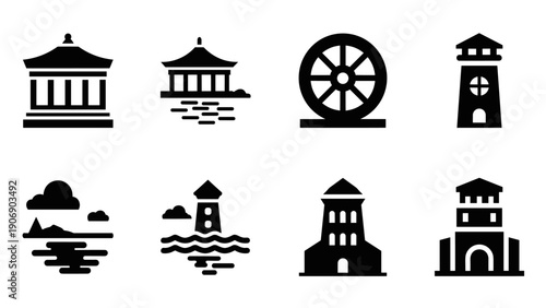 Set of iconic landmark silhouettes: temples, ferris wheel, and lighthouses