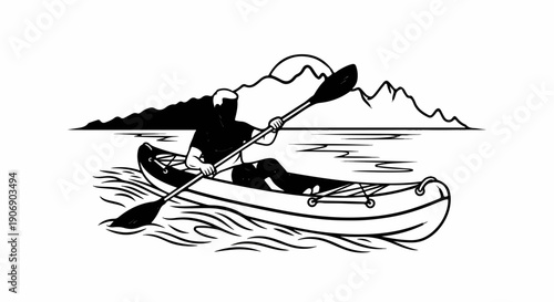 Kayaker paddles on water with mountains and sun in background
