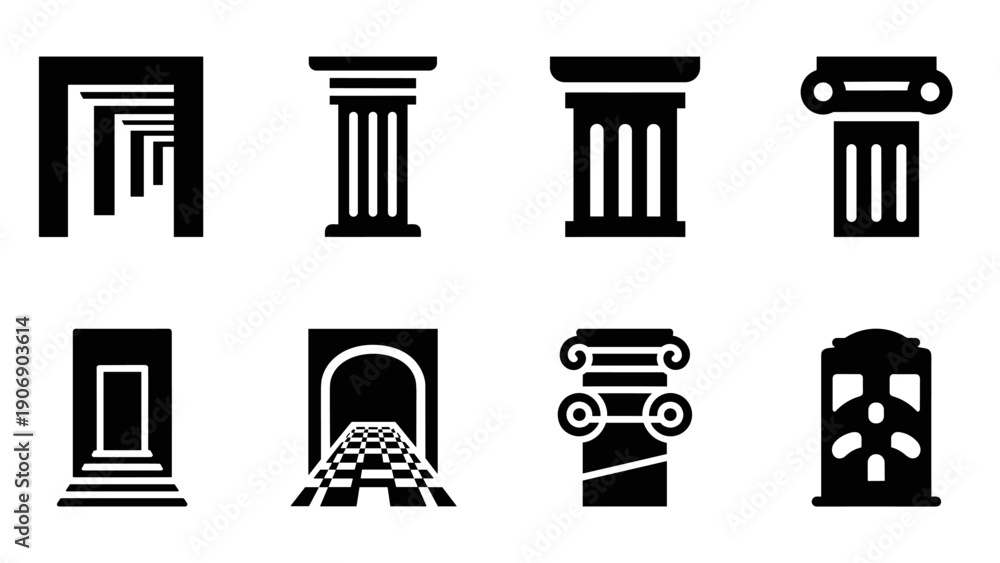 Fototapeta premium Elegant architectural columns and doorway icons in black and white design