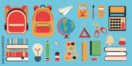 Colorful flat lay illustration of school supplies and learning items