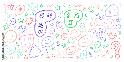 Colorful doodles and hand drawn elements scattered across a white background