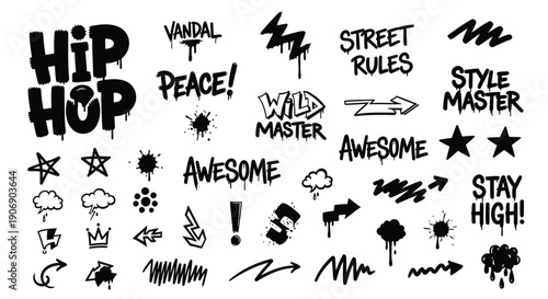 Graffiti style urban typography and symbols, hip hop stencil designs, street art elements, illustration for poster or flyer, isolated on transparent background, png