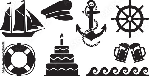 Nautical Icons: A collection of nautical-themed icons, including a sailboat, sailor cap, anchor, ship's wheel, lifebuoy, cake, beer mugs, and wave, suitable for design and decoration.