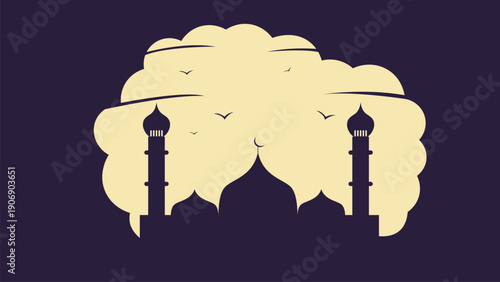 Islamic Mosques and Towers Silhouette with Birds in Sky