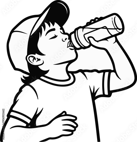 Kid in baseball cap drinking from water bottle