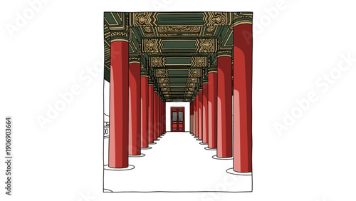 Traditional chinese architecture with ornate roof and red pillars