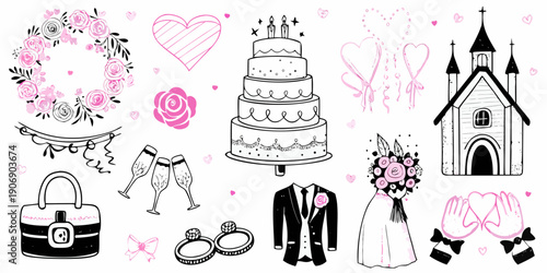 Wedding themed doodles including a cake church and floral wreaths