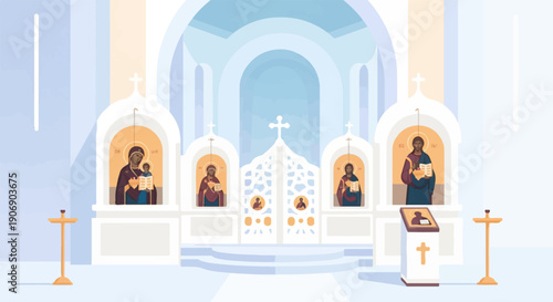 Interior of an Orthodox church with icons and altar gates