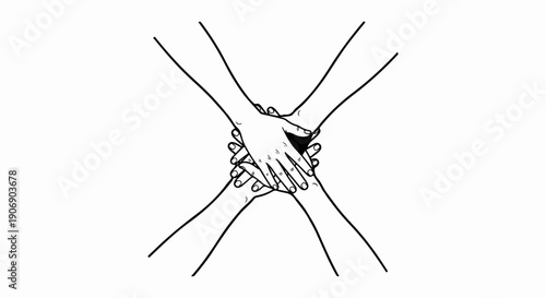Four arms and hands linked together forming an 'X' shape for unity