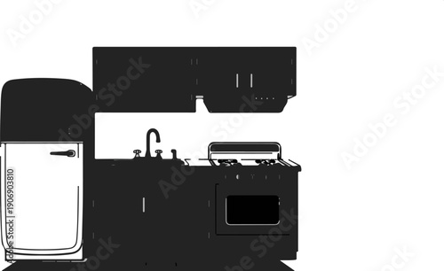 Kitchen counter with sink, stove, and refrigerator unit