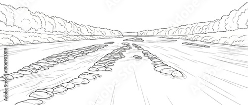 Line art of a flowing river with banks lined by trees and rocks