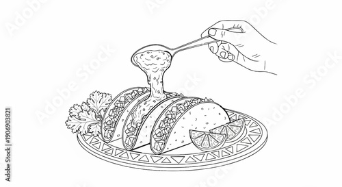 Line art of a hand pouring sauce onto tacos on a decorative plate
