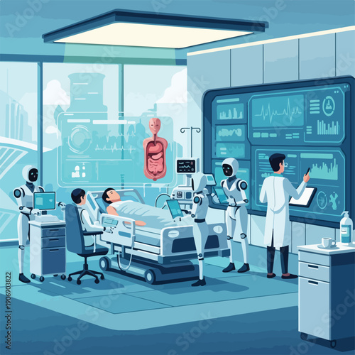 Futuristic hospital scene with medical personnel, robots attending patient