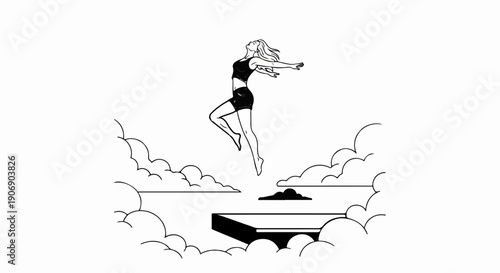 Energetic woman leaps into clouds above stylized landscape