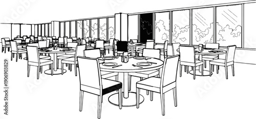 Interior scene of a well-lit restaurant with many tables and chairs
