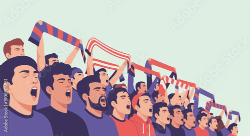 Energetic fans in stadium, raising scarves and cheering loudly