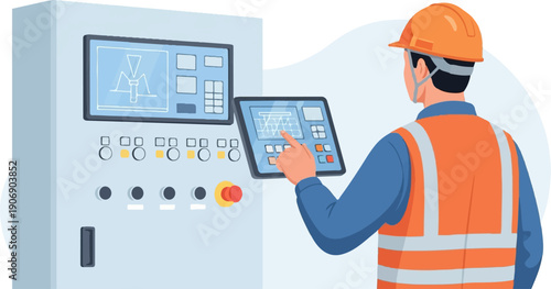 Engineer in safety vest and helmet operates control panel with touch screen
