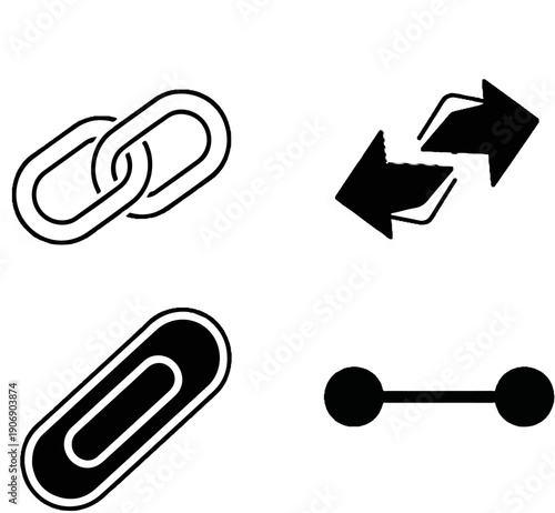 Four abstract icons linked circles, opposing arrows, paperclip, and connected dots