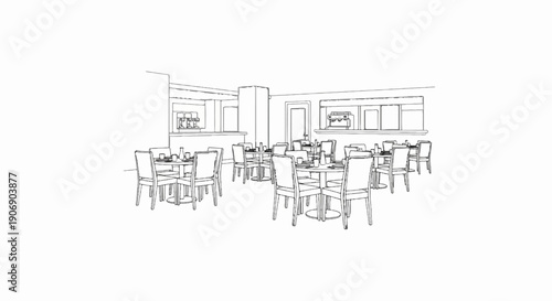 Interior sketch of a dining area with tables, chairs, and a serving counter