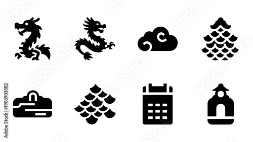 Minimalist chinese icon set featuring dragons, clouds, and traditional patterns