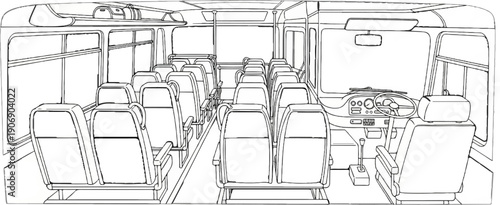 Interior view of a bus, showcasing passenger seating and driver's area