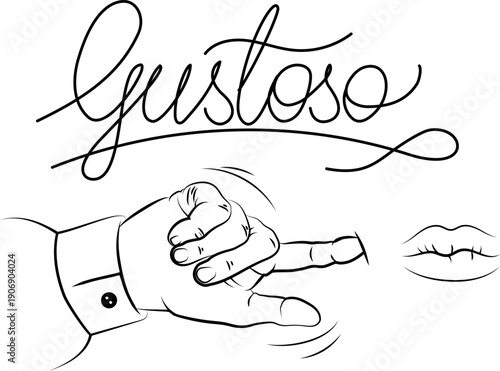 Italian gesture Gustoso for tasty food. Finger on cheek hand sign.
