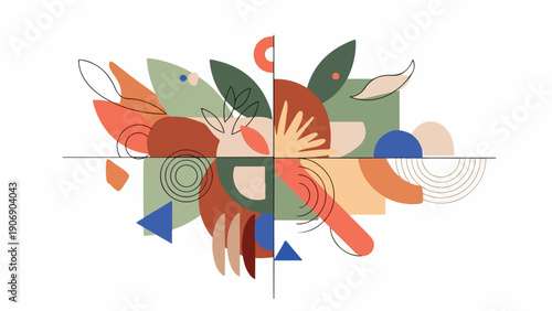 Geometric abstract artwork with organic shapes and lines, divided