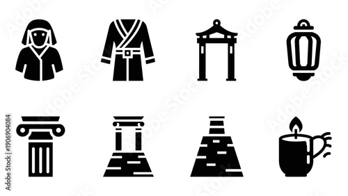 Cultural heritage icons: traditional clothing, architecture, and artifacts in bold silhouette style