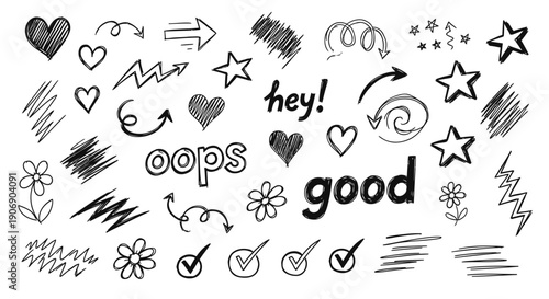 Hand-drawn doodle icons and words, scribbles and symbols set, for social media or website, isolated on transparent background, png