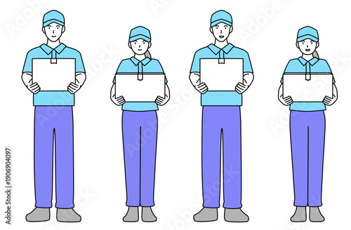 笑顔で段ボールを抱える男女の作業員のシンプルな線画ベクターイラストセット・全身