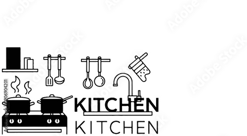 Kitchen scene with stove, pots, utensils, sink, and text