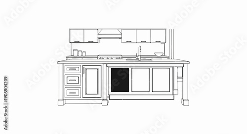 Kitchen island with sink, stove, cabinets, and appliances, outlined
