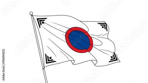Hand drawn waving south korean flag with black line art details in minimalist style