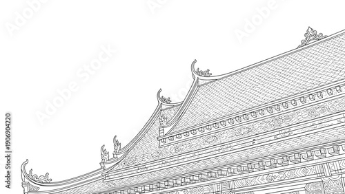 Traditional thai temple roof with ornate architectural details in linear style