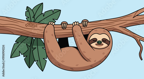 A contented brown sloth with closed eyes hangs upside down from a thick tree branch, surrounded by lush green leaves against a clear light blue sky.