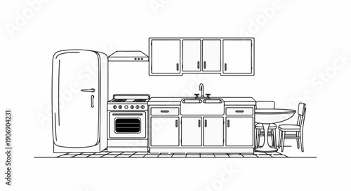Line art of a vintage kitchen with a refrigerator, stove, sink, and table