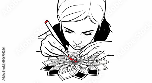 Focused artist meticulously designs intricate mandala with red marker on white background
