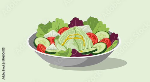 Fresh salad with lettuce, tomatoes, cucumbers, and dressing in a bowl