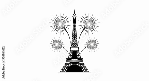 Iconic tower with dazzling fireworks display against a stark white background