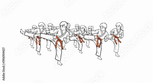 Line art of children practicing martial arts, performing side kicks