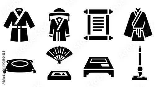 Traditional asian symbols set: clothing, artifacts, and calligraphy tools silhouettes