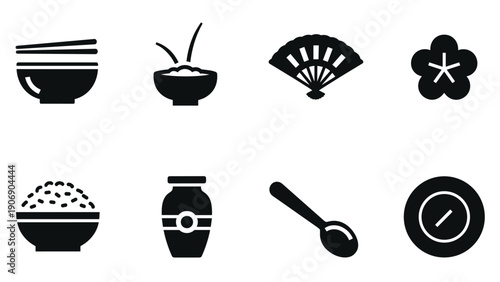 Minimalist asian cuisine icons: rice, fan, jar, and spoon silhouettes