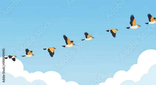 Flocks of birds in flight against a bright blue sky with clouds