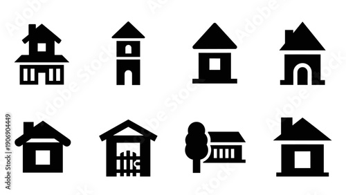 Minimalist black house icons set featuring various architectural styles