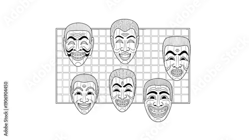 Traditional korean hahoetal masks in black and white linear design with grid background