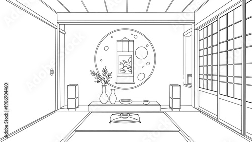 Minimalist japanese living room with circular wall art in line art style
