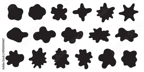 Vector set of black abstract blob shapes, collection of organic liquid elements and fluid ink splash symbols for modern graphic design.